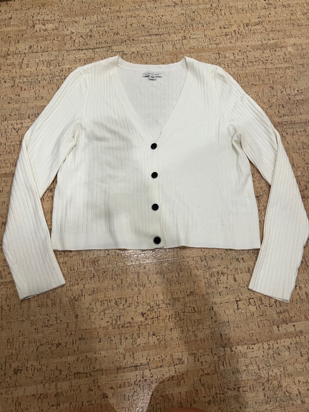 American Eagle White Ribbed V-Neck Button Cardigan Sweater